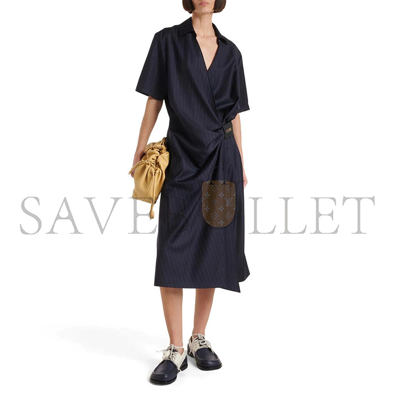 LOEWE PINSTRIPE GATHERED WOOL WRAP DRESS 